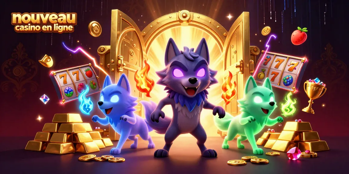 Illustration dynamique d'un nouveau casino en ligne avec des loups fantomatiques et des trésors scintillants, capturant l'excitation du jeu.