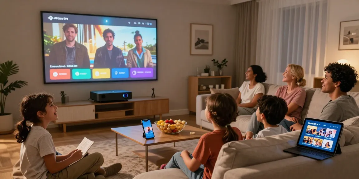 Une famille profitant de l'abonnement Atlas pro ontv lors d'une soirée cinéma à domicile, ambiance chaleureuse et conviviale.