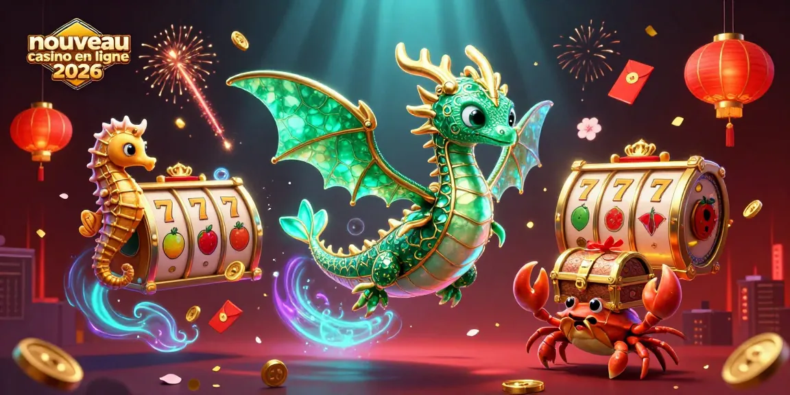Illustration 3D captivante de la scène "nouveau casino en ligne 2026" avec des dragons marins et des éléments de jeu fascinants.