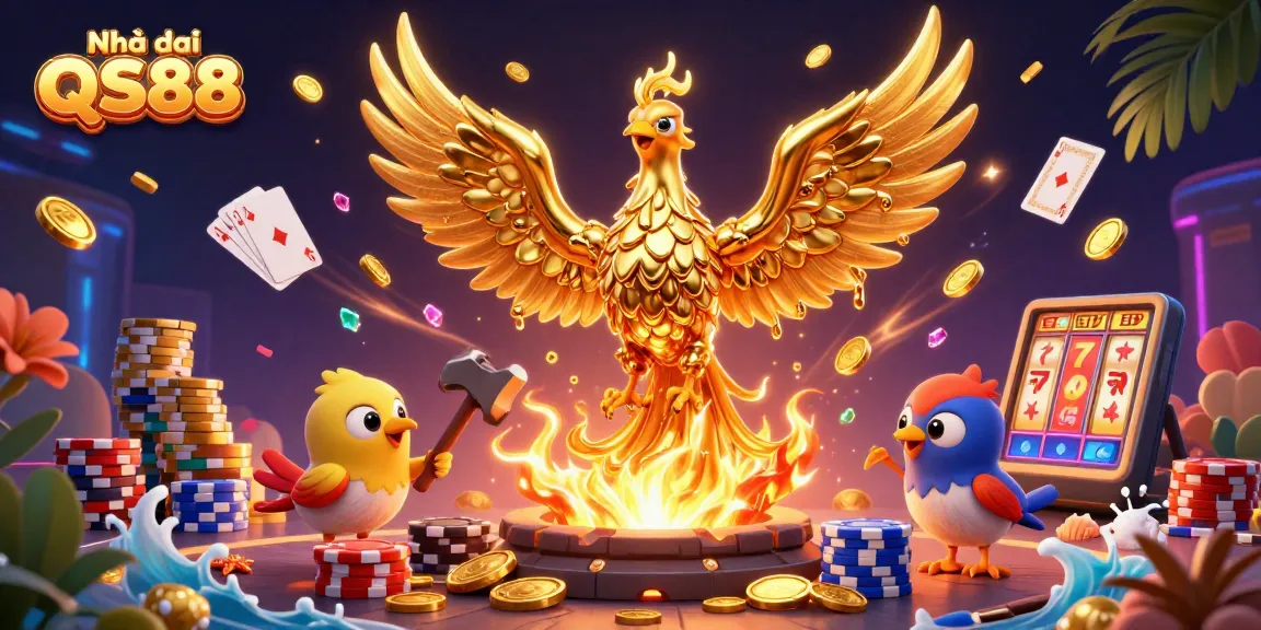 Engage in the excitement of Nhà cái QS88 with cascading golden coins and vibrant casino elements.