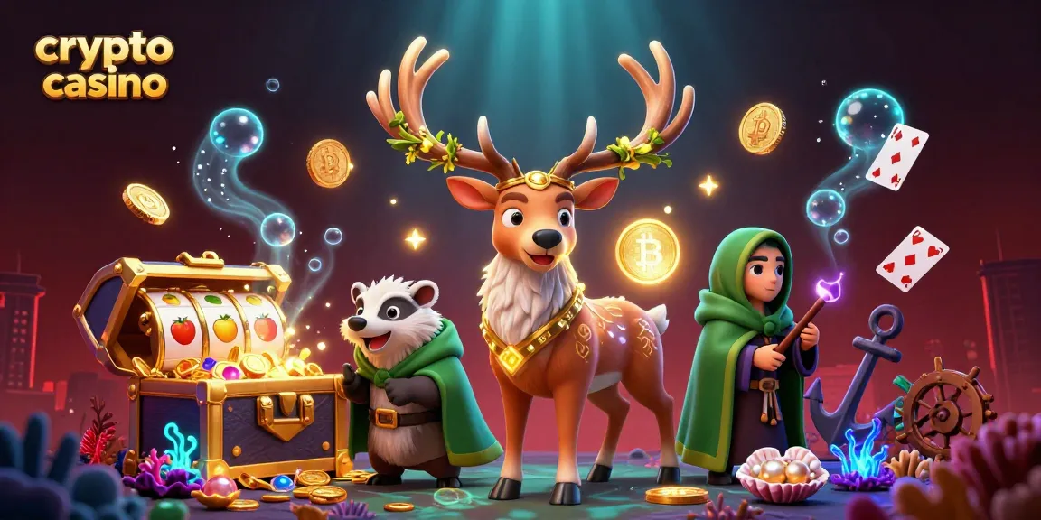 Visitez le crypto casino avec un cerf druide, un blaireau sage, des symboles de jeux, et des éléments de blockchain.