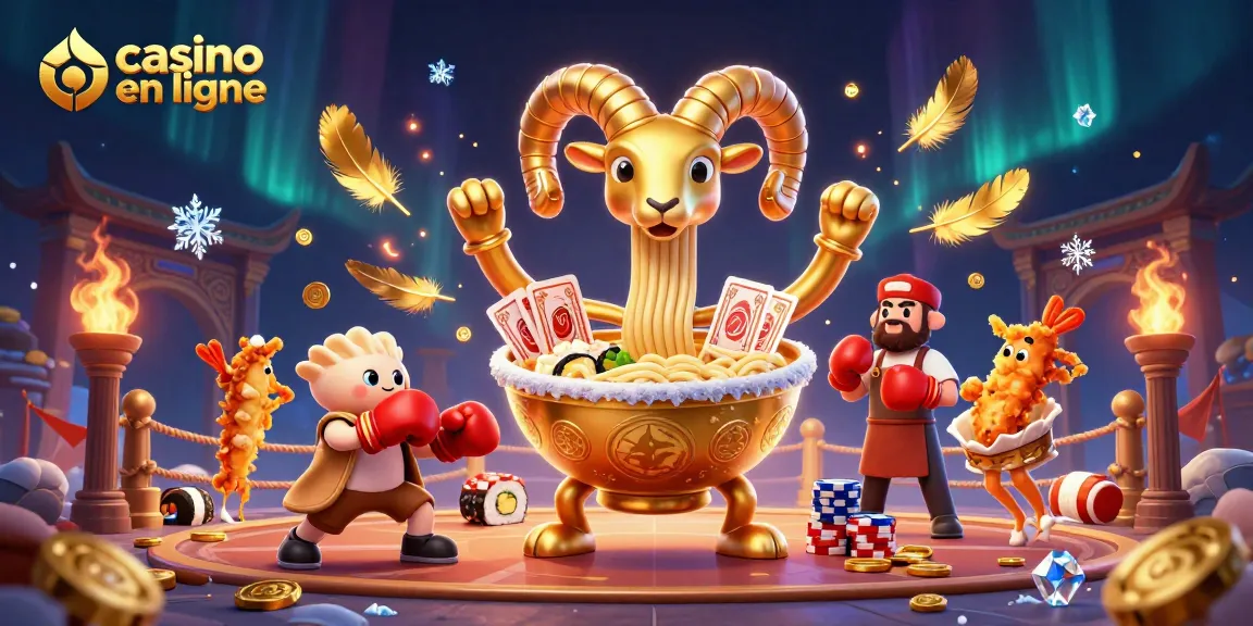Profitez de l'expérience dynamique d'un casino en ligne avec un bol de ramen doré interactif et des personnages ludiques.