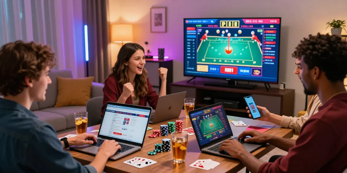 Scène de casino en ligne avec des amis jouant et célébrant leurs gains dans un cadre moderne et convivial.