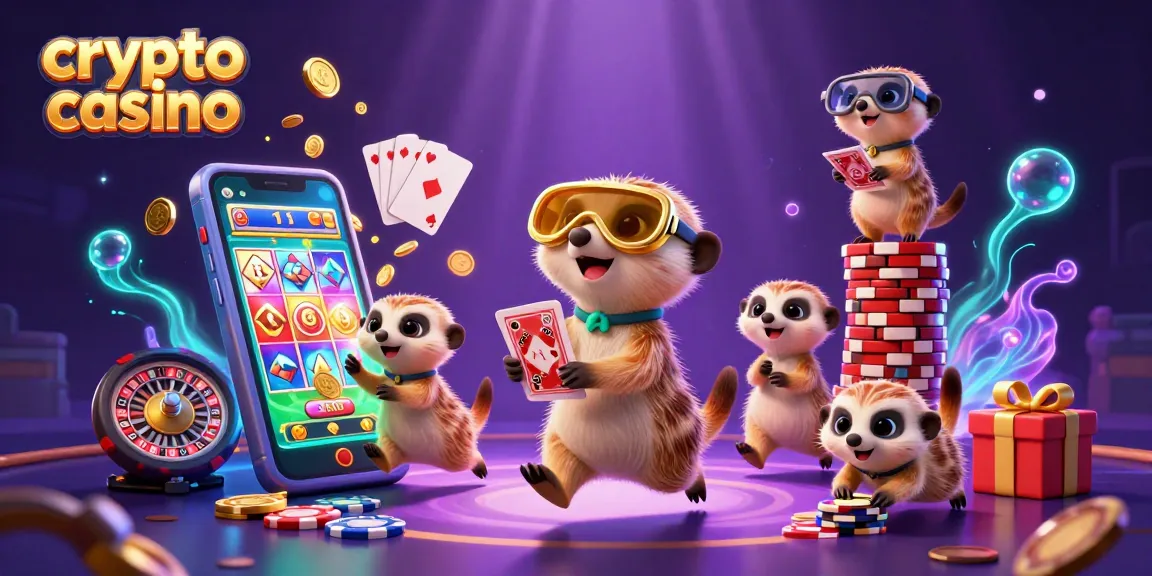Les suricates gèrent un casino crypto dynamique, avec un écran de jeu et des jetons éparpillés, offrant un environnement ludique.