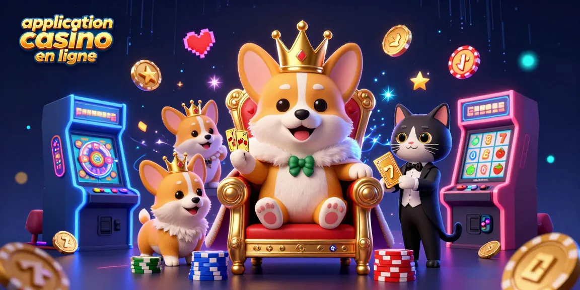 Application casino en ligne : découvrez un corgi royal entouré de machines à sous animées et d'éléments ludiques