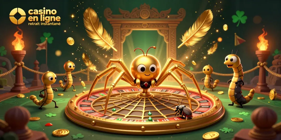 Jouez rapidement au casino en ligne retrait instantané avec une araignée dorée et un croupier centipède en pleine action.