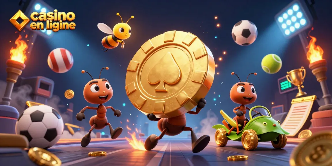 Profitez d'une expérience de jeu captivante avec le casino en ligne, alors que des fourmis transportent des jetons en or.