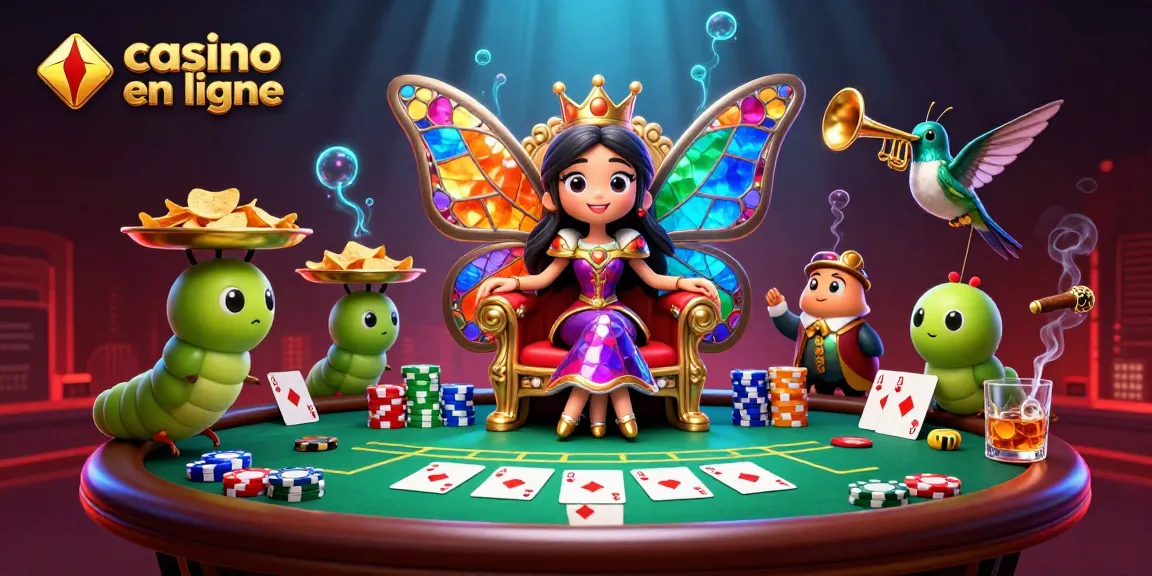 Jouer dans un casino en ligne avec la reine des papillons et des jetons colorés.