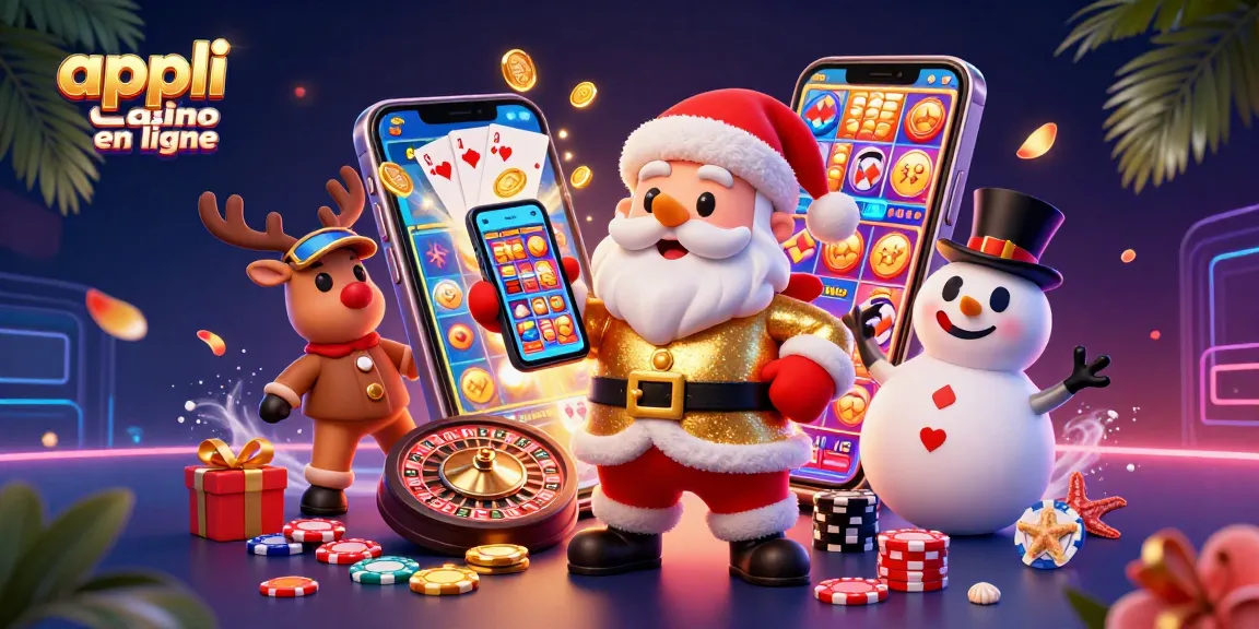 Jouez avec l'appli casino en ligne : un Santa amical, un renne croupier et un bonhomme de neige festif.