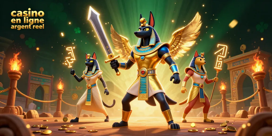Jouer dans un casino en ligne argent réel avec Anubis et Bastet au cœur d'une scène dynamique.