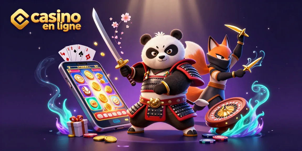 Un panda samouraï et un renard ninja jouent au casino en ligne avec des éléments et des jeux colorés en arrière-plan.
