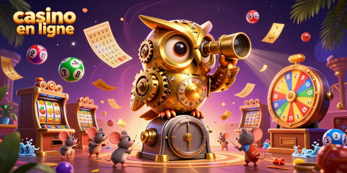 Venez jouer au casino en ligne avec une scène animée de machines à sous et une chouette dorée.