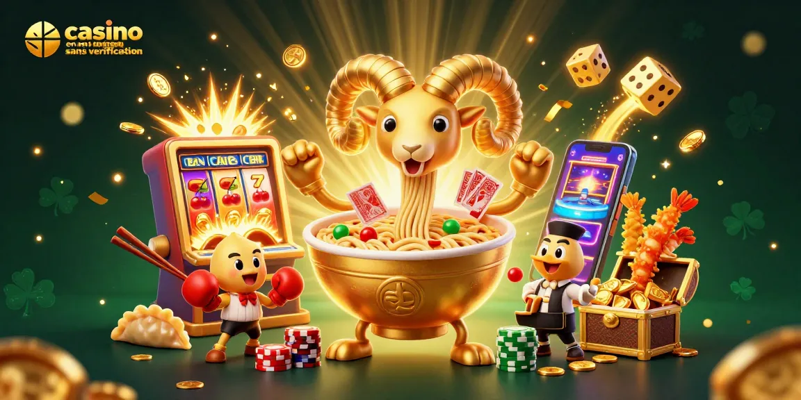 Jouer à des jeux de casino en ligne sans vérification avec un bol de ramen géant et des personnages animés entourés de machines à sous.