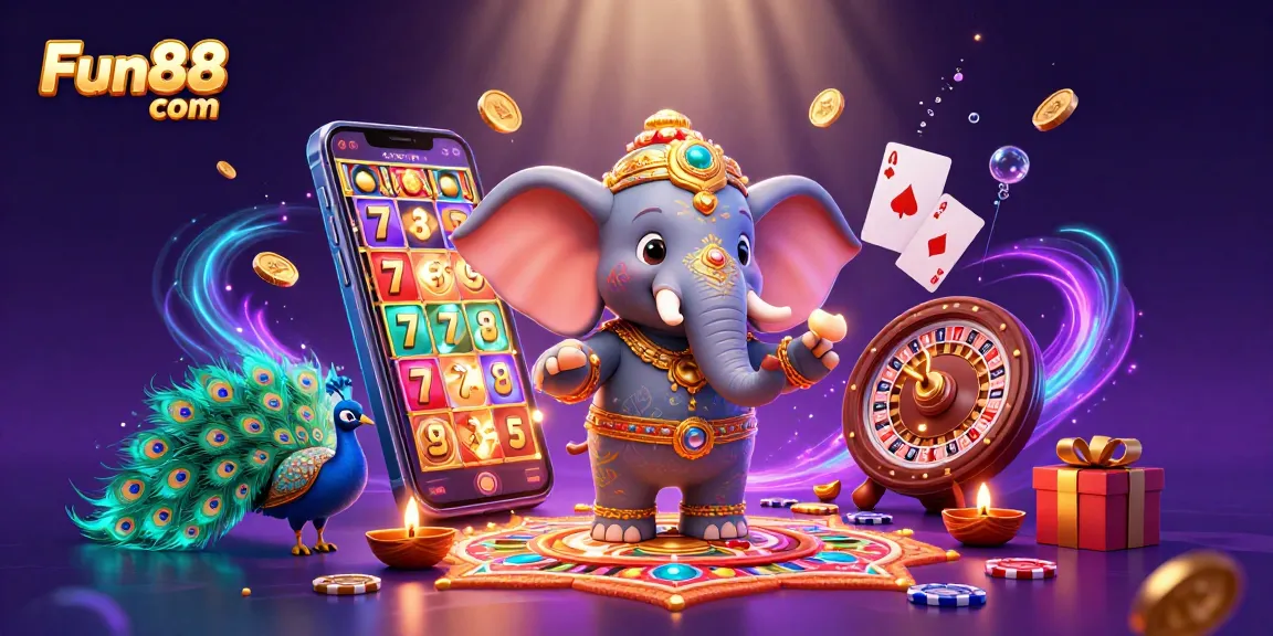 Spin the reels with Fun88 com's vibrant 3D casino illustration featuring an elephant and exciting game elements.