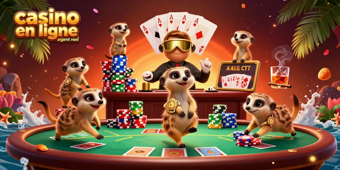 Gagnez au casino en ligne argent réel avec cette scène animée de meerkats en casino.
