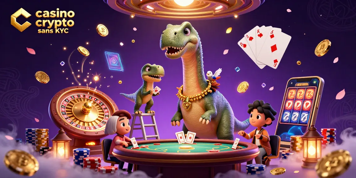 Profitez d'une scène captivante de casino crypto sans KYC avec un brontosaurus et des cartes de poker.
