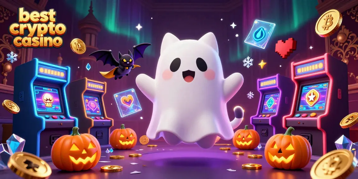 Le meilleur casino crypto avec un chat fantôme et un vampire bat flottant dans une salle pleine de lumières.