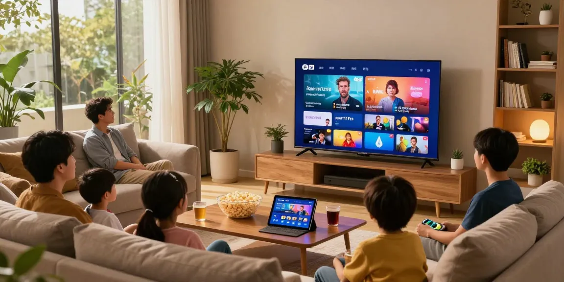 Famille profitant d'Iron TV Pro sur leur Smart TV dans un salon moderne.