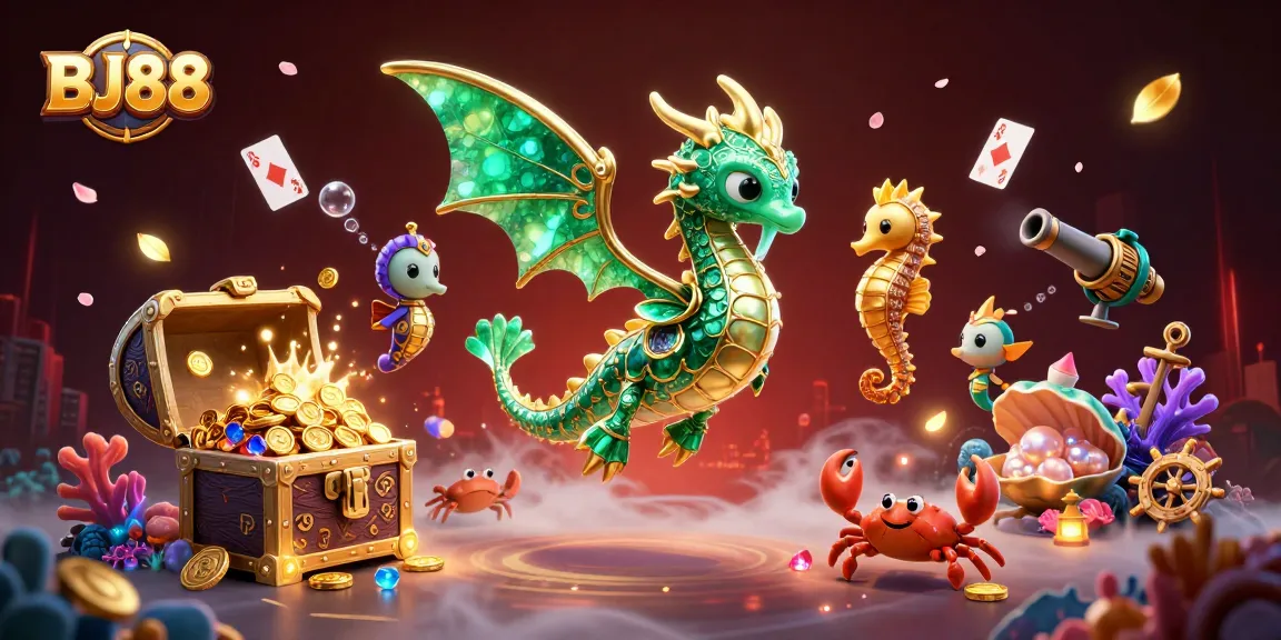 Experience excitement at BJ88 with a vibrant, dynamic underwater casino scene full of treasures and game elements.